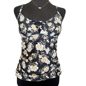Aqua Couture Womans Medium Black & Gold Floral Pattern Cross Back Swim Suit Top